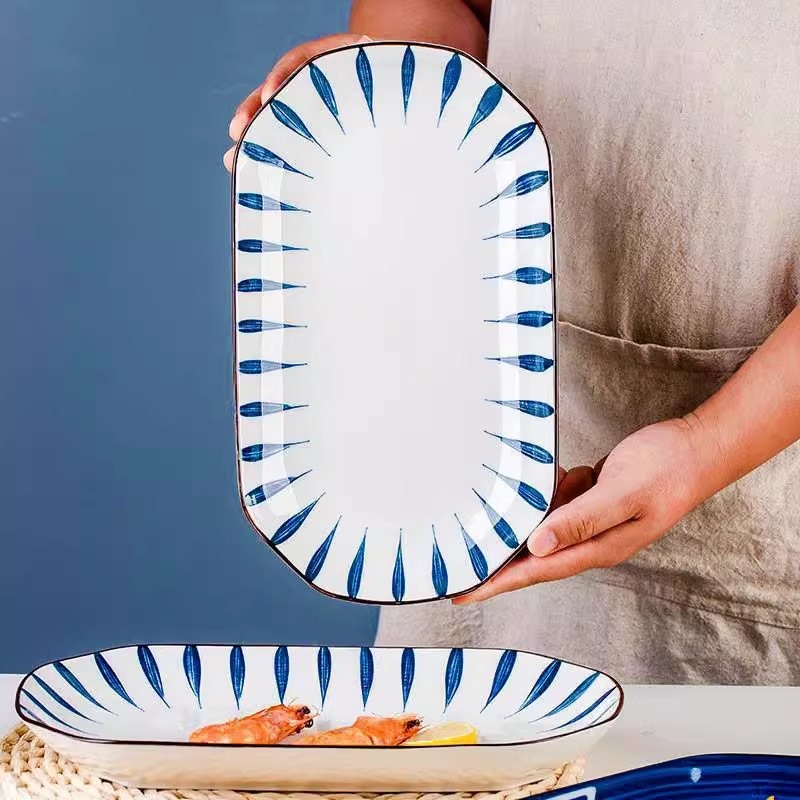 Farfurie ceramică pentru pește, cu formă dreptunghiulară și ovală, dungi verticale, potrivită pentru gătit la aburi sau la grătar, în stilul Chinei moderne