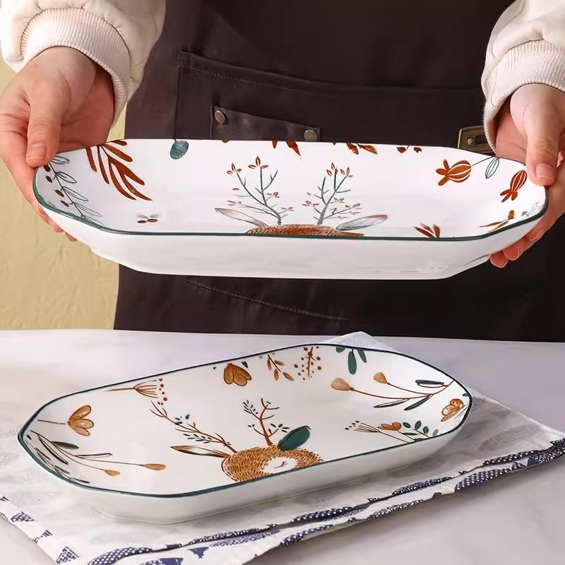 Farfurie ceramică pentru pește, cu formă dreptunghiulară și ovală, dungi verticale, potrivită pentru gătit la aburi sau la grătar, în stilul Chinei moderne