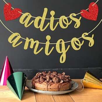 Banner cu litere aurii pentru decor de petrecere, cu stegulețe atârnate