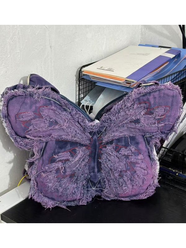 Džins ruksak s izvezenim leptirima, velika kapaciteta, umjetnički dizajn, crossbody torba preko ramena, gradski stil