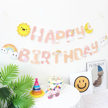 Ghirlandă cu stegulețe de aniversare, cu soare și curcubeu – decor perete pentru petrecere pentru fete