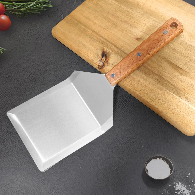 Spatulă din oțel inoxidabil cu mâner din plastic, pentru BBQ și teppanyaki, spatulă triunghiulară pentru fripturi