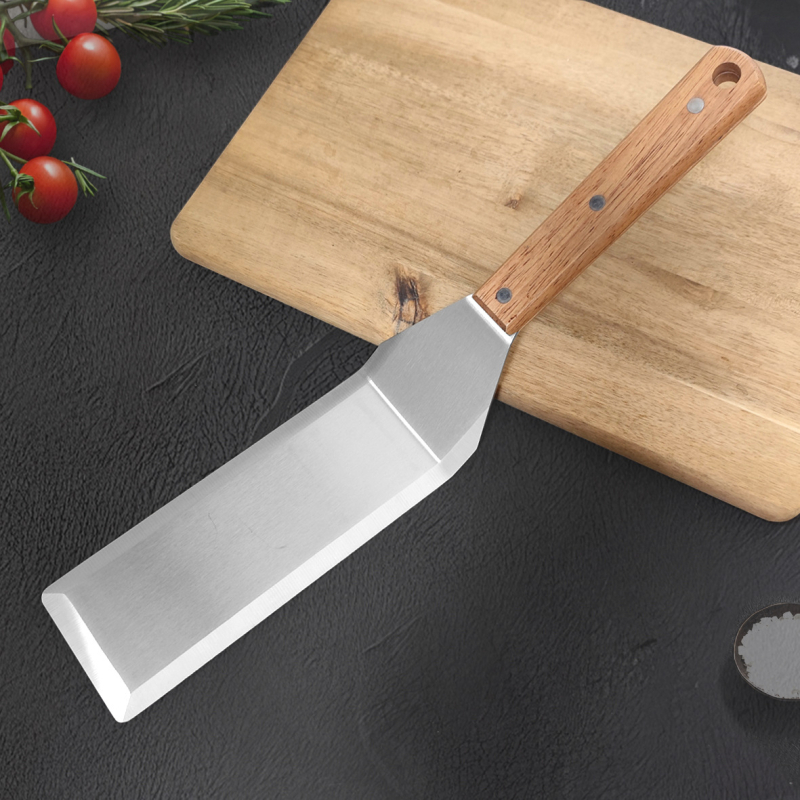 Spatulă din oțel inoxidabil cu mâner din plastic, pentru BBQ și teppanyaki, spatulă triunghiulară pentru fripturi