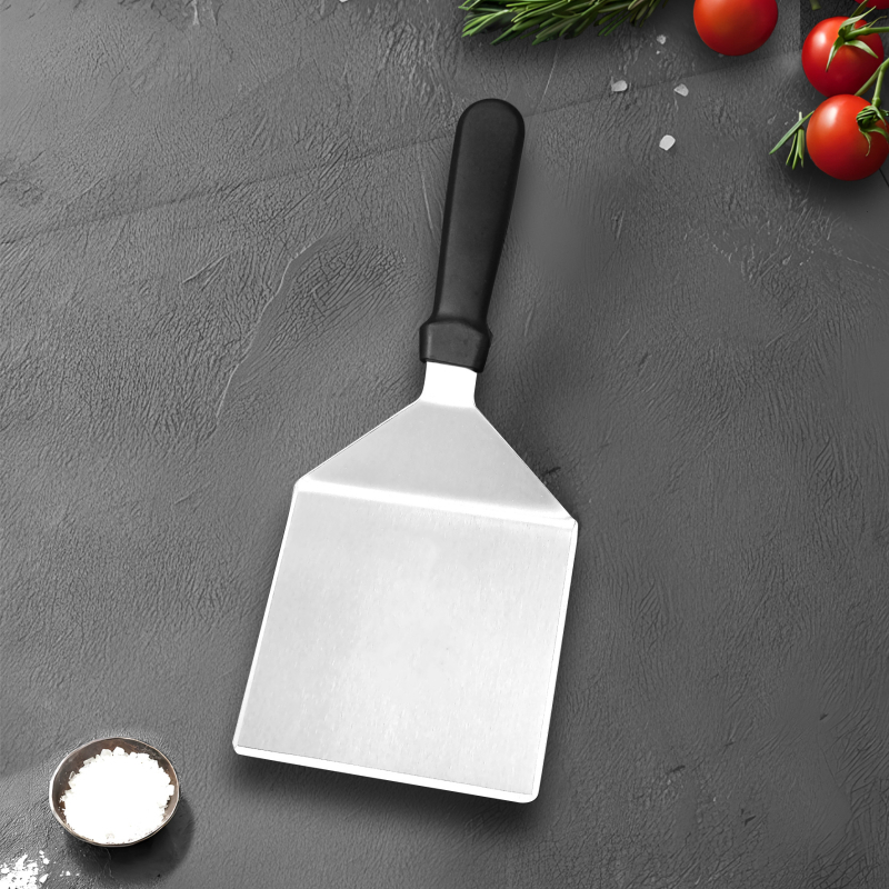 Spatulă din oțel inoxidabil cu mâner din plastic, pentru BBQ și teppanyaki, spatulă triunghiulară pentru fripturi