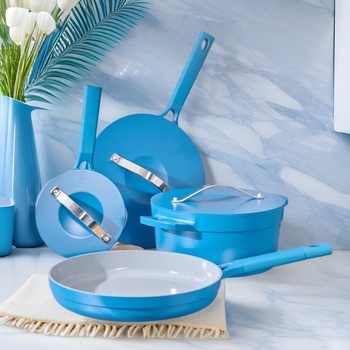 Set de vase antiaderente, patru piese: oală pentru lapte 16 cm, oală pentru supă 24 cm, tigaie adâncă 26 cm, tigaie plată 28 cm