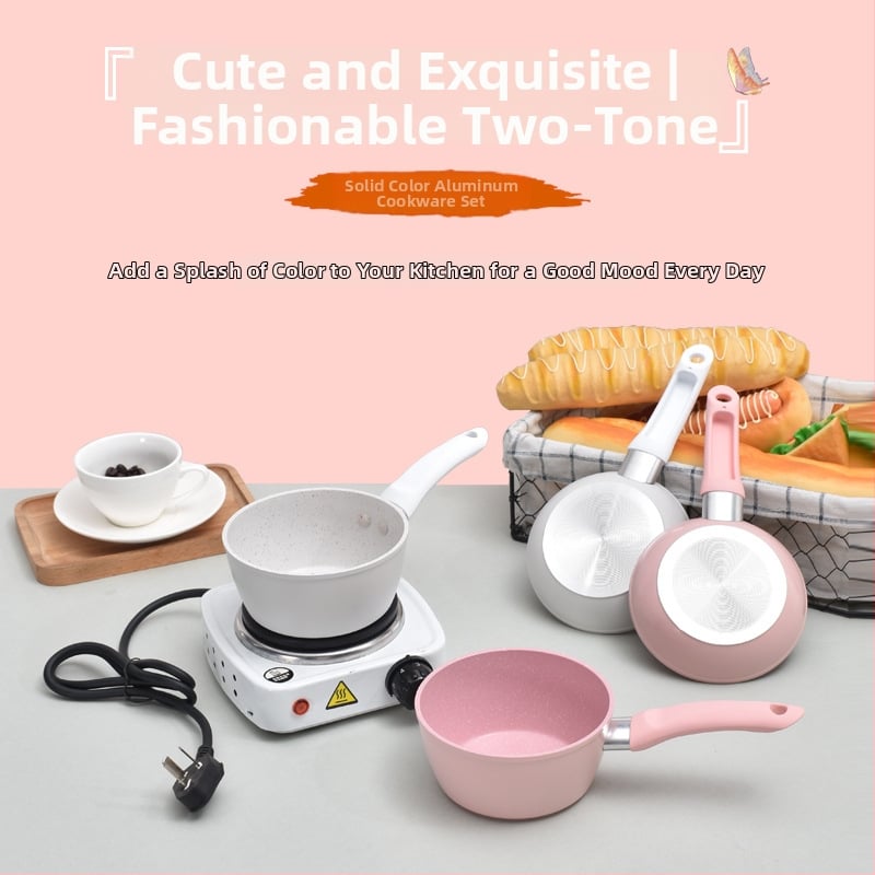 Set de oale pentru hrana de bebe cu tigaie mică și oală de lapte, antiaderent din aluminiu, capac de sticlă