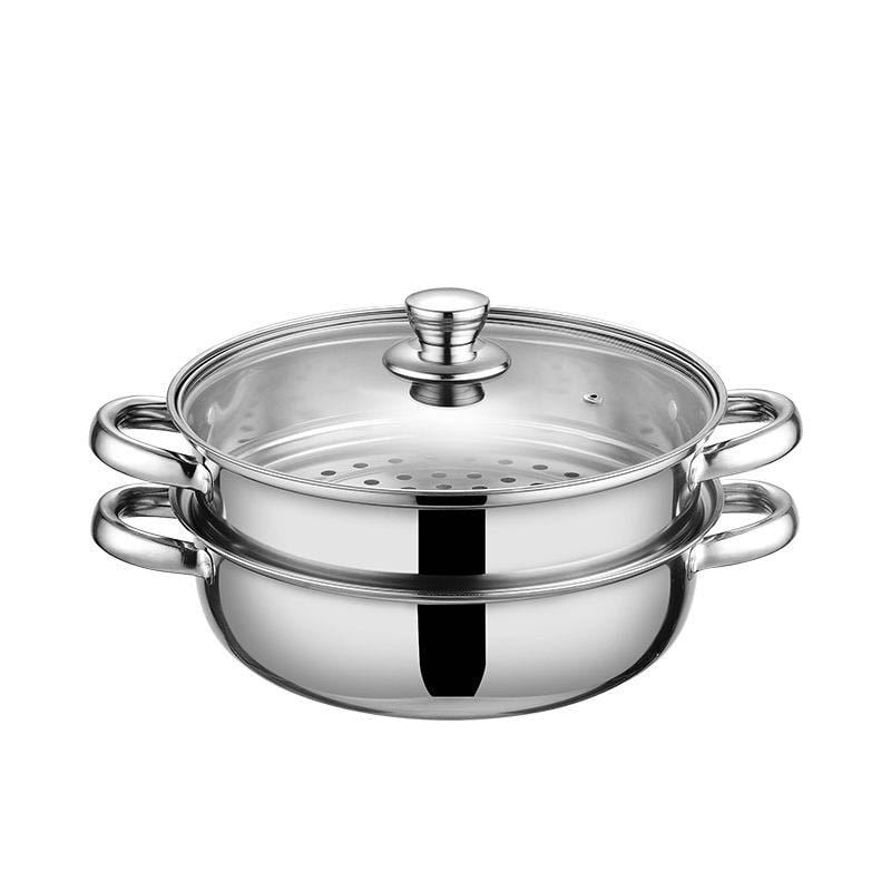 Oală cu aburi din oțel inoxidabil, dublu nivel, 28 cm, pentru gătire la abur a supelor, uz casnic, cu două mâneri, capacitate mare