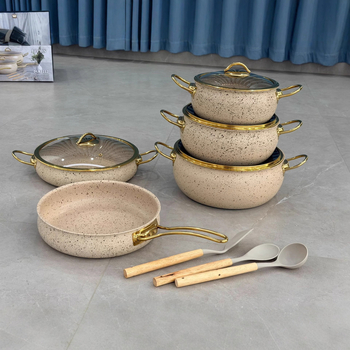 Set de vase din oțel inoxidabil 304, cu bază din trei straturi, capace din sticlă, cu strat antiaderent din piatră Maifan, 12 piese