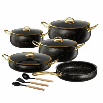 Set de vase din oțel inoxidabil 304, cu bază din trei straturi, capace din sticlă, cu strat antiaderent din piatră Maifan, 12 piese