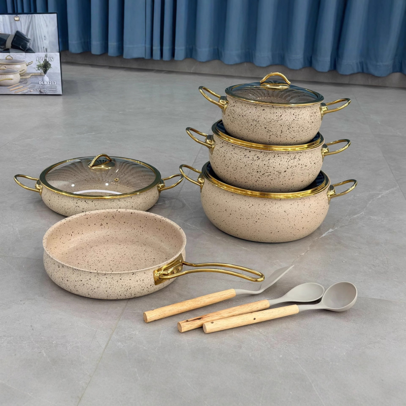 Set de vase din oțel inoxidabil 304, cu bază din trei straturi, capace din sticlă, cu strat antiaderent din piatră Maifan, 12 piese