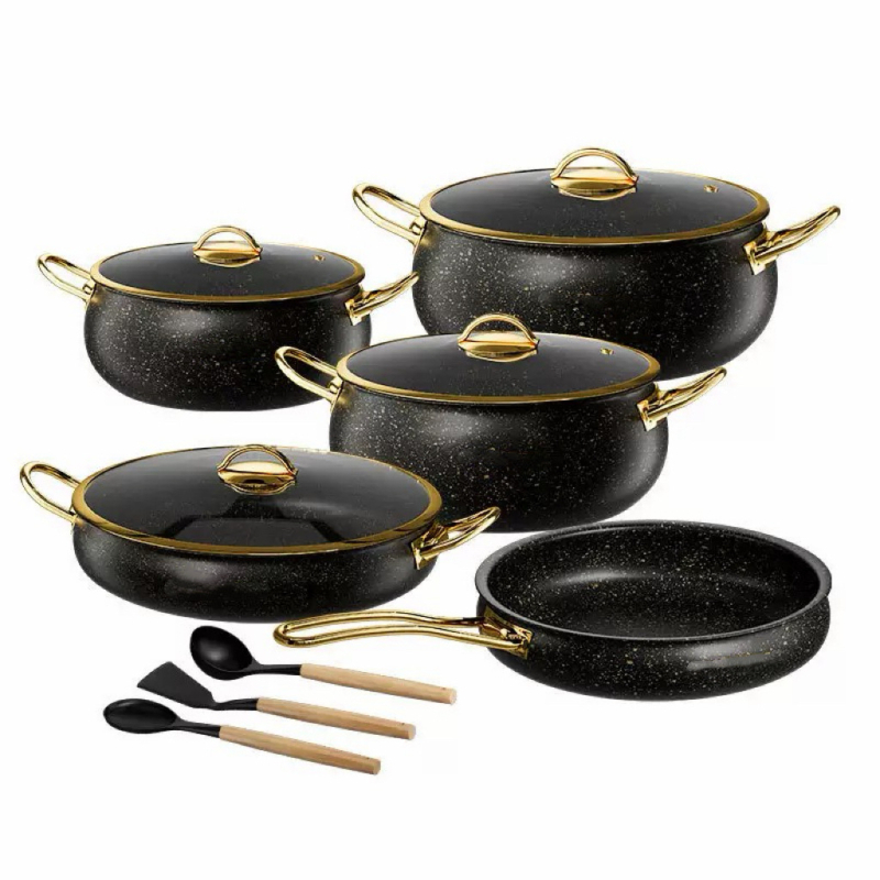 Set de vase din oțel inoxidabil 304, cu bază din trei straturi, capace din sticlă, cu strat antiaderent din piatră Maifan, 12 piese
