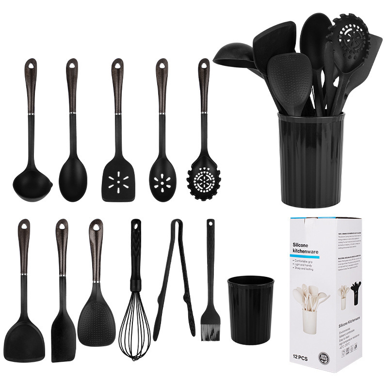 Set de ustensile de bucătărie din silicon, 12 piese, nu zgârie oalele, antiaderent, ușor de curățat, rezistent la temperaturi înalte, cu cârlige pentru agățat și recipient de depozitare