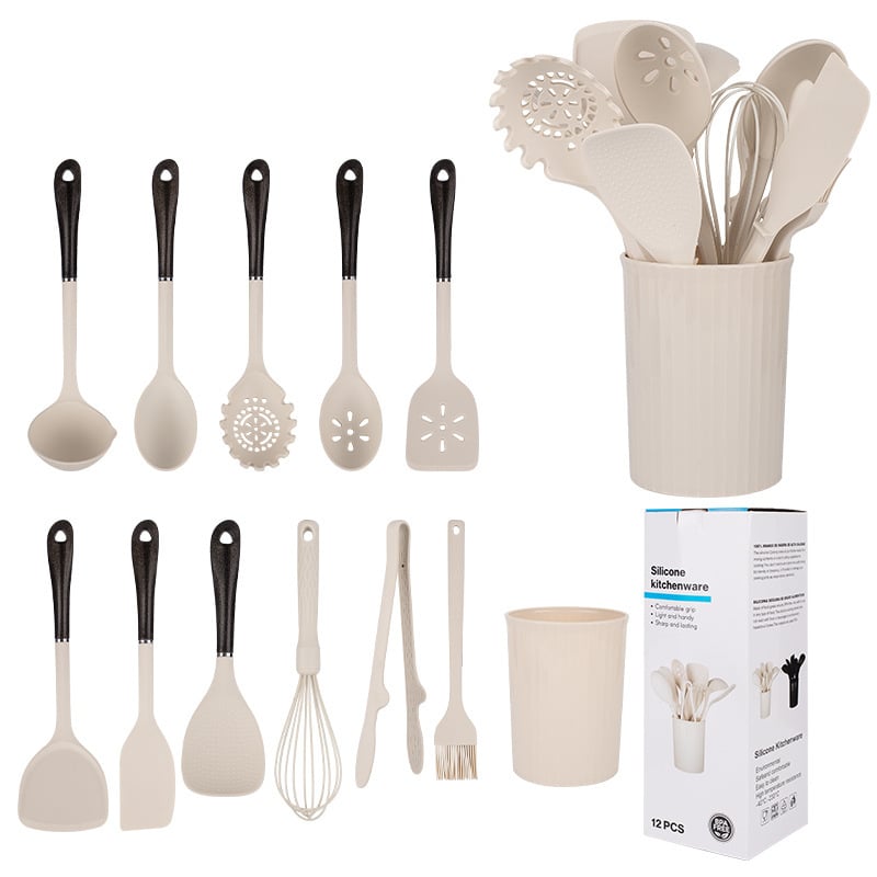 Set de ustensile de bucătărie din silicon, 12 piese, nu zgârie oalele, antiaderent, ușor de curățat, rezistent la temperaturi înalte, cu cârlige pentru agățat și recipient de depozitare
