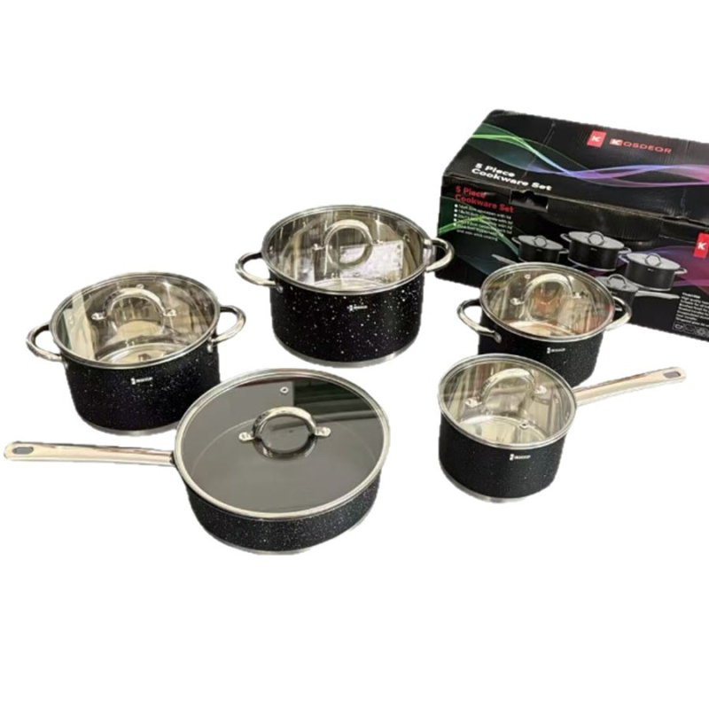 Set de vase din oțel inoxidabil, 10 piese, include oală pentru lapte, oală de supă și tigaie, compatibil cu inducția, capac din sticlă temperată, fund dublu, oțel 201
