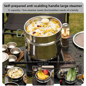 Set de vase pentru camping din oțel inoxidabil SUS304, portabil – tigaie, vas de aburi și ceainic, capac de sticlă, fund din trei straturi