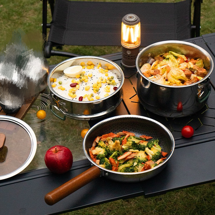 Set de vase pentru camping din oțel inoxidabil SUS304, portabil – tigaie, vas de aburi și ceainic, capac de sticlă, fund din trei straturi