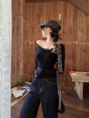 Top s leopard uzorkom, vezanje, dugi rukav, rameni izrez, uski kroj, proljeće-jesen nošenje