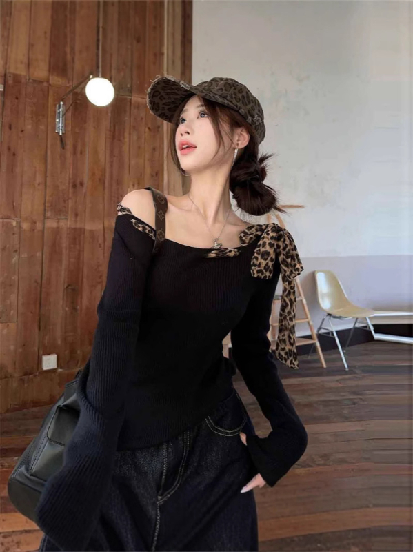 Top s leopard uzorkom, vezanje, dugi rukav, rameni izrez, uski kroj, proljeće-jesen nošenje