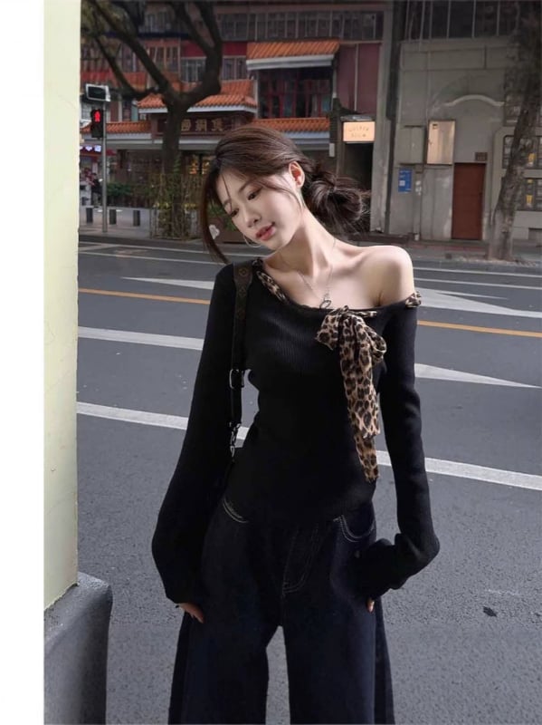 Top s leopard uzorkom, vezanje, dugi rukav, rameni izrez, uski kroj, proljeće-jesen nošenje