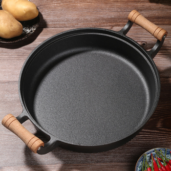 Tigaie din fontă pentru clătite, cu două mâneri, fără strat, bază groasă, fund plat, 29/31/33 cm