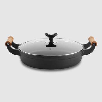 Tigaie din fontă pentru clătite, cu două mâneri, fără strat, bază groasă, fund plat, 29/31/33 cm