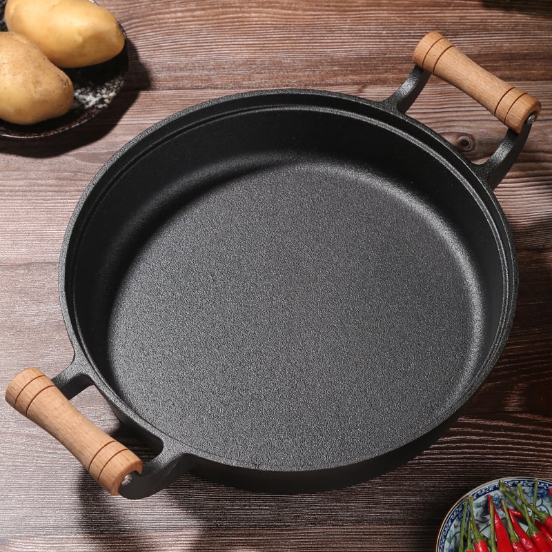 Tigaie din fontă pentru clătite, cu două mâneri, fără strat, bază groasă, fund plat, 29/31/33 cm