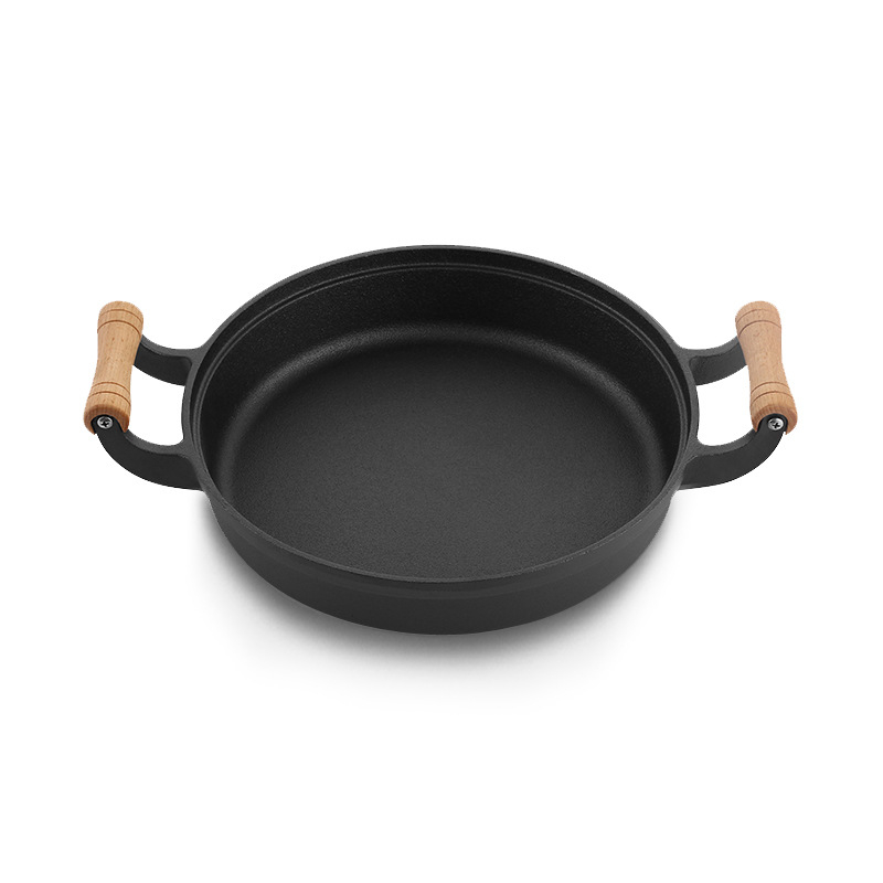Tigaie din fontă pentru clătite, cu două mâneri, fără strat, bază groasă, fund plat, 29/31/33 cm