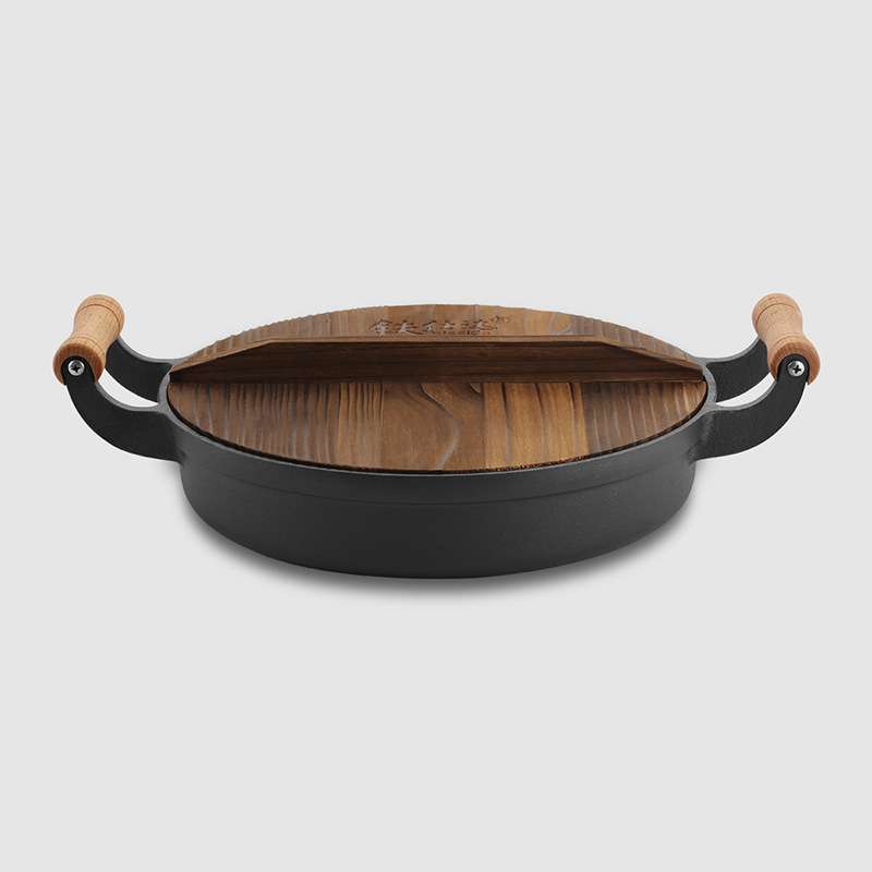 Tigaie din fontă pentru clătite, cu două mâneri, fără strat, bază groasă, fund plat, 29/31/33 cm