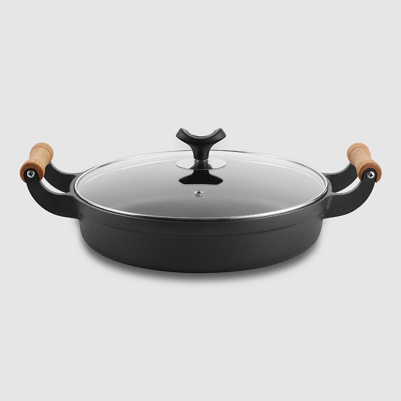 Tigaie din fontă pentru clătite, cu două mâneri, fără strat, bază groasă, fund plat, 29/31/33 cm