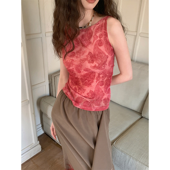 Letni mrežasti top s naramenicama, ramena otkrivena, francuska retro ispisa, unutarnji sloj, stražnji elegantan twist