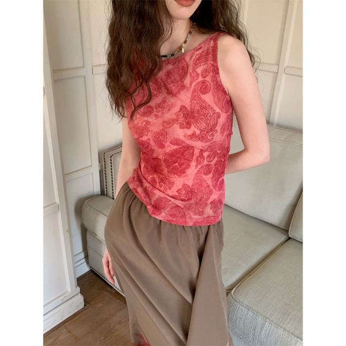 Letni mrežasti top s naramenicama, ramena otkrivena, francuska retro ispisa, unutarnji sloj, stražnji elegantan twist