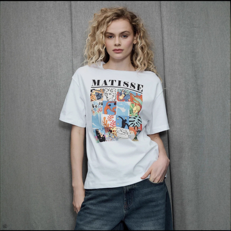 Ženski ležerni pamuk T-shirt s kratkim rukavima i karikaturnim printom, korejski stil, okrugli izrez, srednja duljina