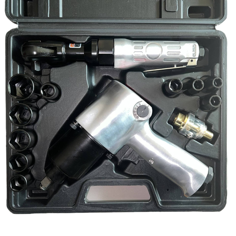 Set de unelte pneumatice pentru reparații auto: cioc pneumatic mic, cheie cu clichet și unelte de demontare a anvelopelor