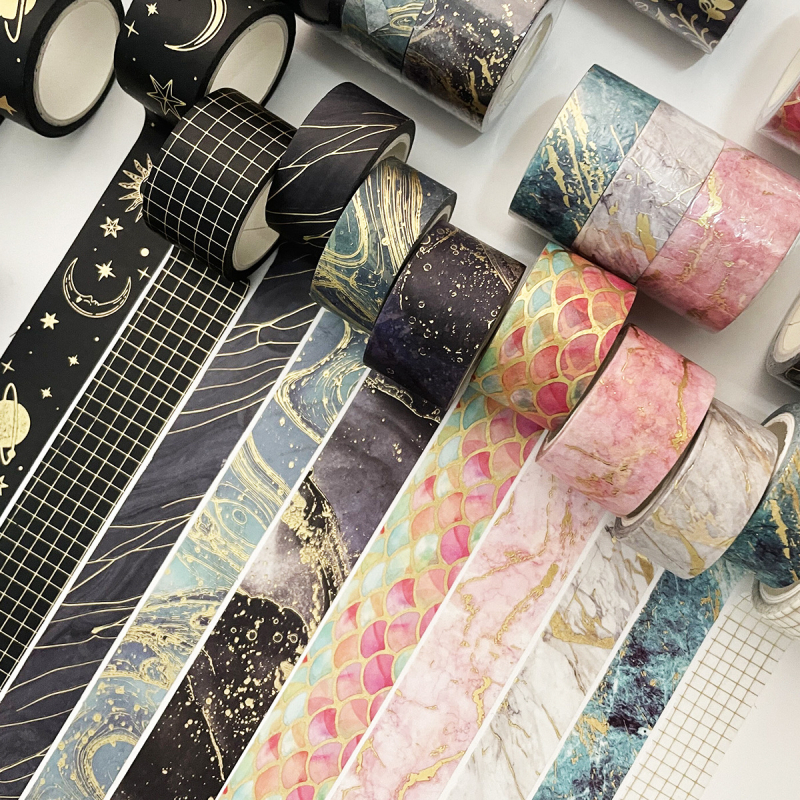 Bandă washi cu ștampilă aurie, set cu trei role pentru jurnal, material DIY decor, lungime 5 m