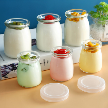 Borcan pentru budincă cu capac pentru uz casnic, formă de jeleu caramel pentru coacere, sticlă rezistentă la temperaturi înalte pentru cuptor, cupe de iaurt cu capac