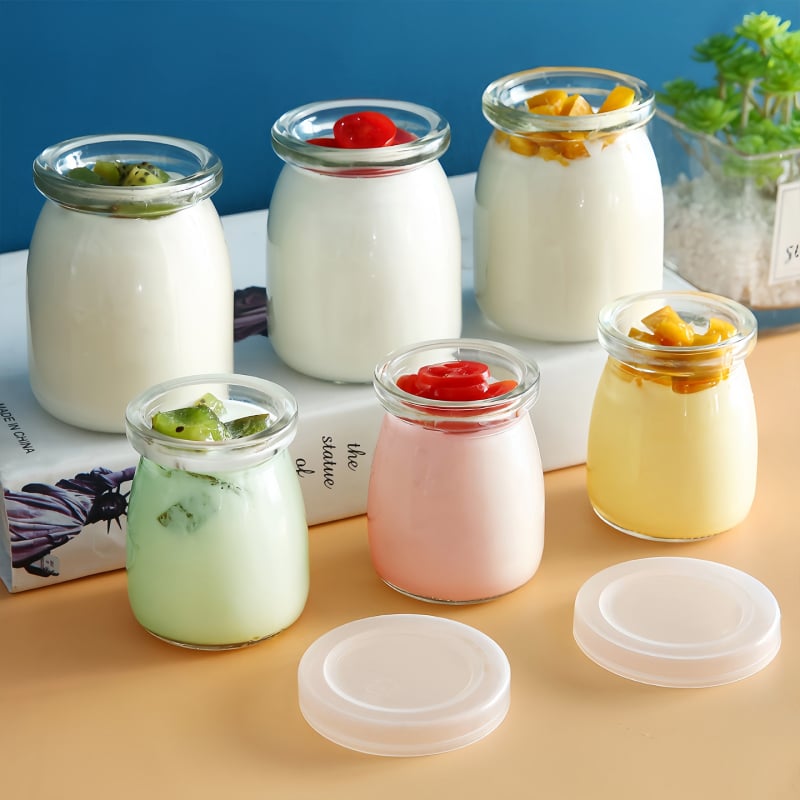 Borcan pentru budincă cu capac pentru uz casnic, formă de jeleu caramel pentru coacere, sticlă rezistentă la temperaturi înalte pentru cuptor, cupe de iaurt cu capac