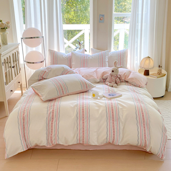 Lenjerie de pat din bumbac jacquard, 4 piese, cu model în dungi