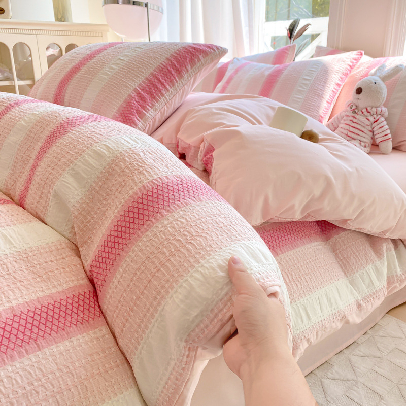 Lenjerie de pat din bumbac jacquard, 4 piese, cu model în dungi