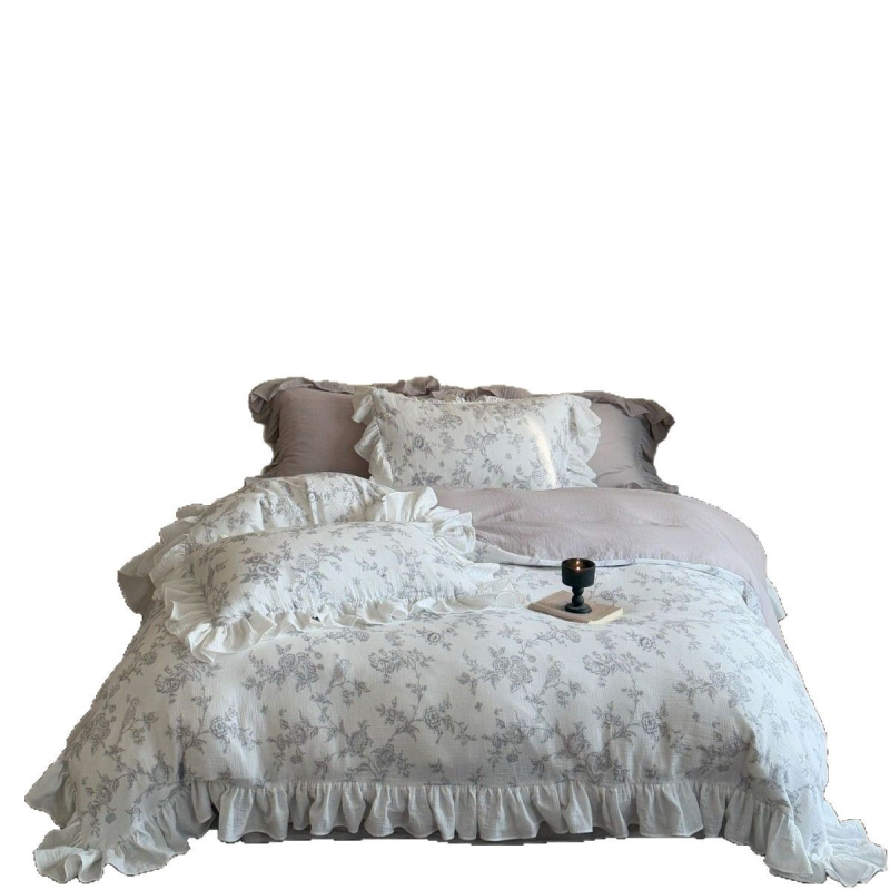 Stil francez, 100% bumbac, fir dublu, set patru piese cu margine volanată, imprimare moale