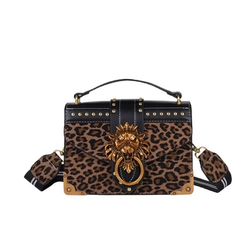 Ženska torbica od PU kože s leopard printom, mala kvadratna torba preko ramena s poklopcem i metalnim zakovicama, detalj lavlje glave