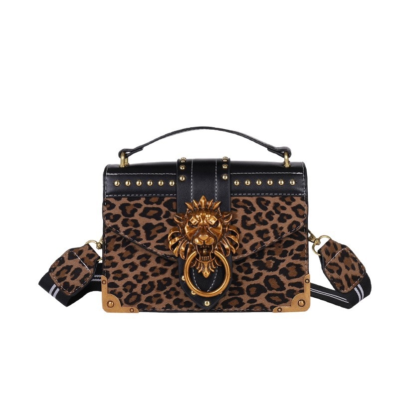 Ženska torbica od PU kože s leopard printom, mala kvadratna torba preko ramena s poklopcem i metalnim zakovicama, detalj lavlje glave