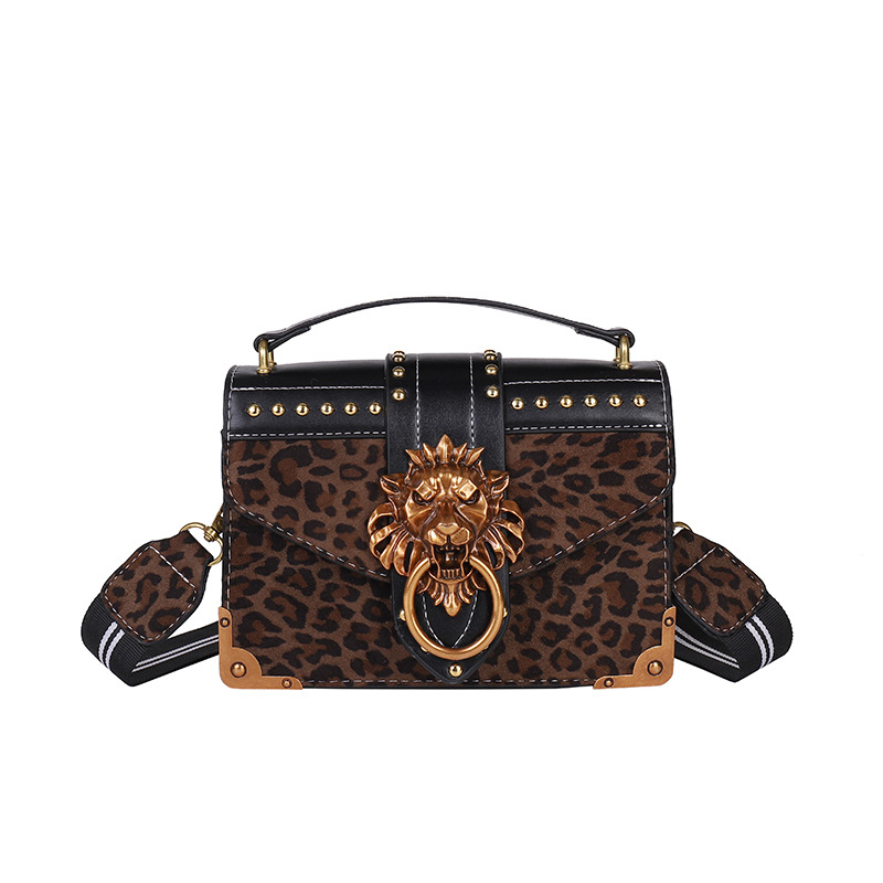 Ženska torbica od PU kože s leopard printom, mala kvadratna torba preko ramena s poklopcem i metalnim zakovicama, detalj lavlje glave