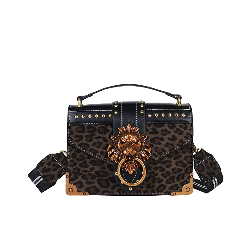 Ženska torbica od PU kože s leopard printom, mala kvadratna torba preko ramena s poklopcem i metalnim zakovicama, detalj lavlje glave
