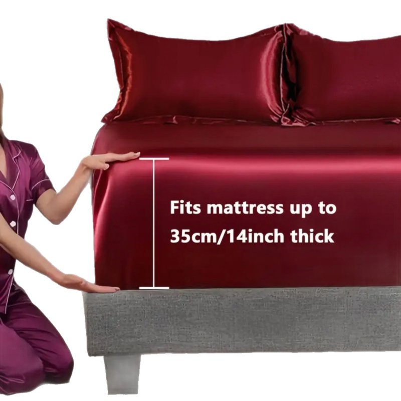 Set de cearșafuri cu elastic satinat, culoare solidă, atingere răcoroasă, țesătură twill, din fibre sintetice, pentru pat de 2,0 m, trei piese