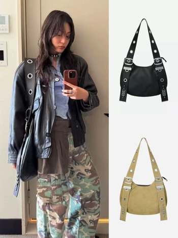 Najlon tote torba, velika veličina, ovalni oblik, magnetska kopča, punk detalj s nitima i kružnim otvorima, gradski stil