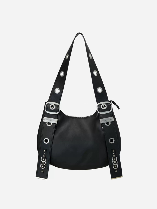 Najlon tote torba, velika veličina, ovalni oblik, magnetska kopča, punk detalj s nitima i kružnim otvorima, gradski stil