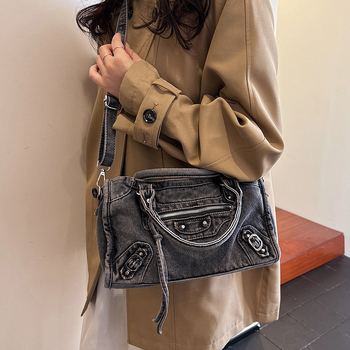Torba u hongkonškom stilu, retro motociklistička torba, denim, velika kapaciteta, za žene, preko ramena ili crossbody, proljeće 2026