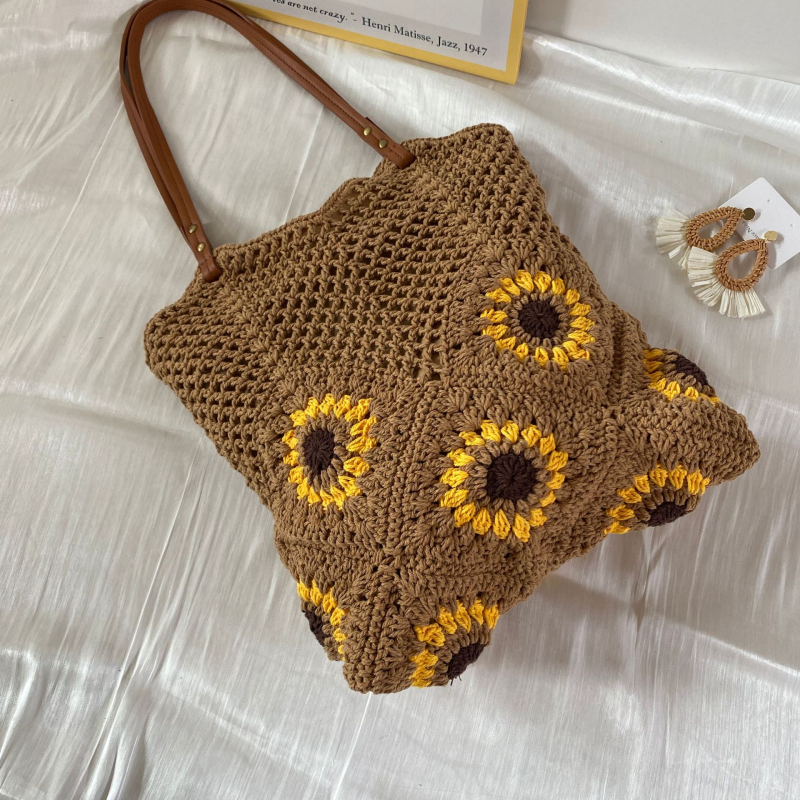 Ručna pletena torba sa suncokretom motivom za žene, velika nosivost, za plažu
