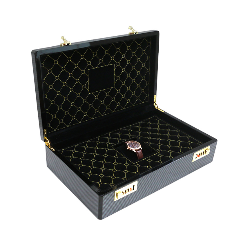 Cutie de afișare pentru ceas cu model diamantat din fibră de carbon și încuietoare dublă cu parolă, ambalaj cadou, cutie metalică personalizată