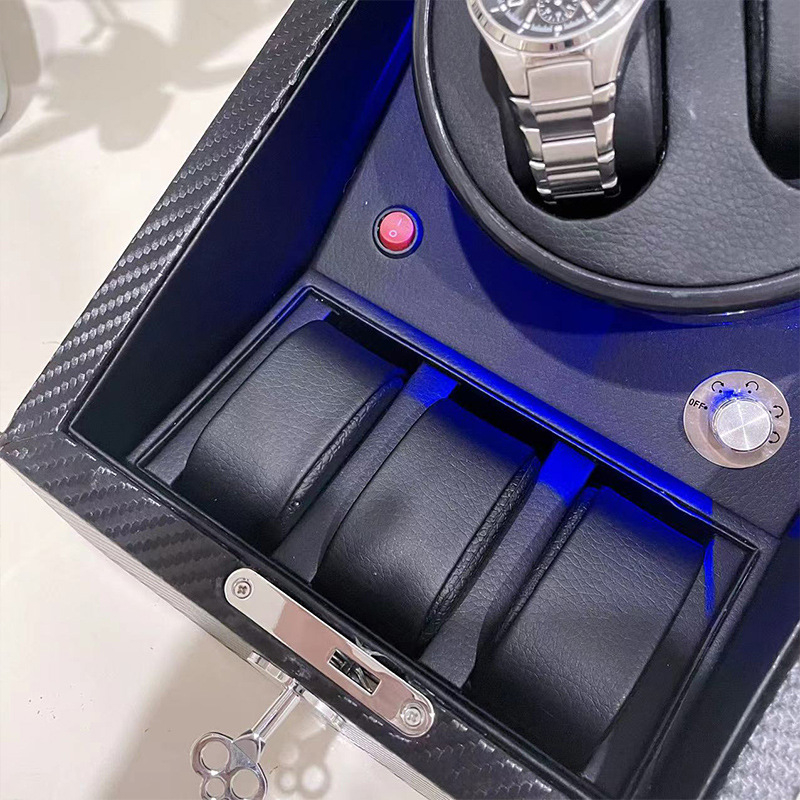 Winder pentru ceas cu LED albastru, anti-magnet, silențios, cutie de așezare cu cinci poziții, cadou pentru bărbați